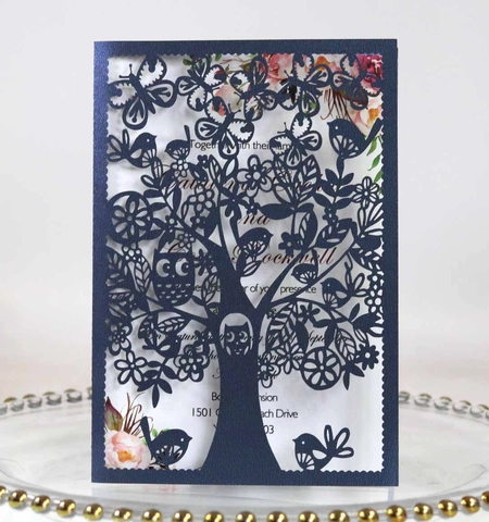 Cartes d'Invitation de Mariage Découpe Laser Motif Arbre et Oiseau Papier Perlé Ajouré pour Remise de Diplômes Action de Grâce Pâques