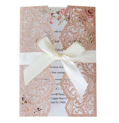 Laser Cut Wedding Invitations Glitter Hollow Pearl Paper Invitation Cards With Satin Ribbon For Engagement Anniversary Party