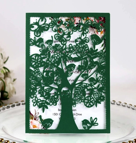 Cartes d'Invitation de Mariage Découpe Laser Motif Arbre et Oiseau Papier Perlé Ajouré pour Remise de Diplômes Action de Grâce Pâques
