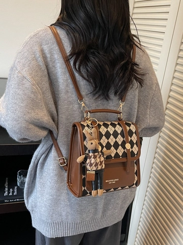 Sac à Dos Vintage à Losanges Pour Femmes Cuir PU Style Preppy Sac à Main Patchwork Avec Pendentif Lapin Sac à Bandoulière