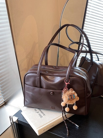 Women Vintage PU Leather Underarm Bag Large Capacity Fashion Commuter Tote Bag With Plush Charm Solid Color Shoulder Bag