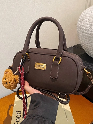 Bolso Bowling de Cuero PU Vintage para Mujer Bolso de Mano de Color Sólido Con Colgante de Oso Bolso Bandolera Monedero de Viaje