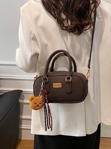 Bolso Bowling de Cuero PU Vintage para Mujer Bolso de Mano de Color Sólido Con Colgante de Oso Bolso Bandolera Monedero de Viaje