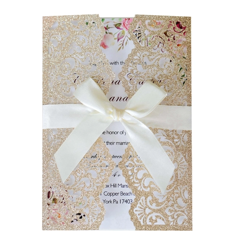 Laser Cut Wedding Invitations Glitter Hollow Pearl Paper Invitation Cards With Satin Ribbon For Engagement Anniversary Party