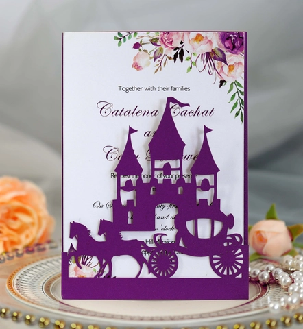 Biglietti d'Invito a Matrimonio Europei Tagliati al Laser Design a Castello e Carrozza Carta Perlata per Feste e Celebrazioni