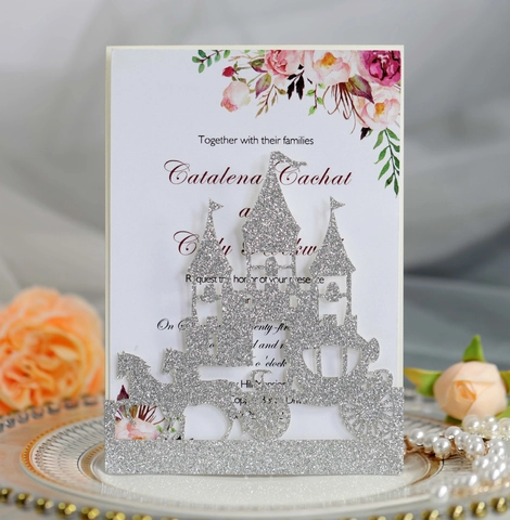 European Glitter Laser Cut Castle Carriage Wedding Invitations Hollow Invitation Cards With Floral Inner Page Envelope For Party