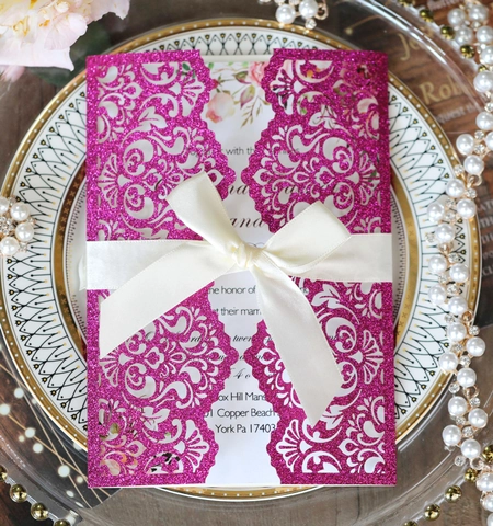 Laser Cut Wedding Invitations Glitter Hollow Greeting Cards With Ribbon Bow For Wedding Engagement Ceremony Party Supplies