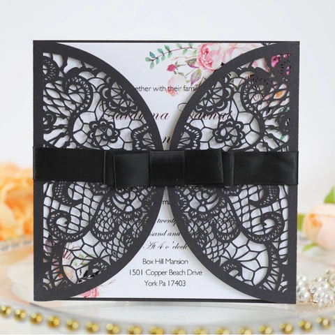 Elegante Lasergeschnittene Hochzeitseinladungen Mit Satin Schleife Spitze Ausgehöhlte Grußkarten Für Hochzeitsfeier Event Einladung