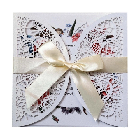 Elegante Lasergeschnittene Hochzeitseinladungen Mit Satin Schleife Spitze Ausgehöhlte Grußkarten Für Hochzeitsfeier Event Einladung