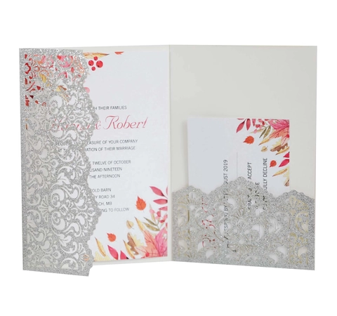 Eleganti Inviti Di Nozze Tagliati Al Laser Glitter Traforati Tasca In Pizzo Floreale Con Carte RSVP Per Feste Compleanni San Valentino