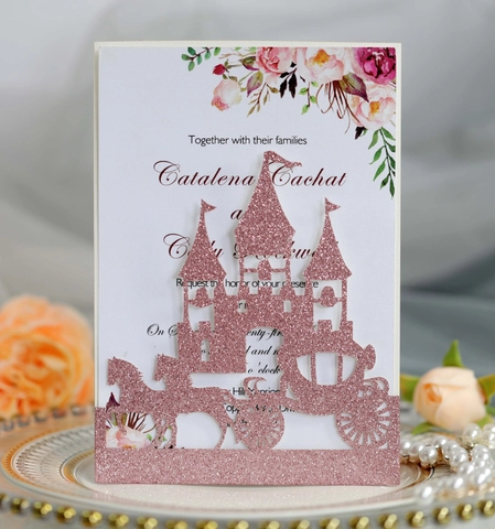 European Glitter Laser Cut Castle Carriage Wedding Invitations Hollow Invitation Cards With Floral Inner Page Envelope For Party