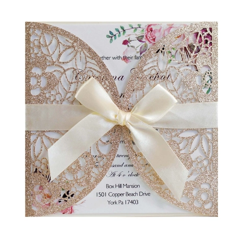 Elegant Laser Cut Rose Flower Wedding Invitations Glitter Hollow Cards With Ribbon Bow Inner Sheet And Envelope For Marriage
