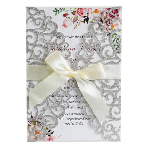 Laserschnitt Hohl Hochzeit Einladungskarten Set mit Glitzer Cover Blumen Innenseite und Schleife für Party Feier Zeremonie