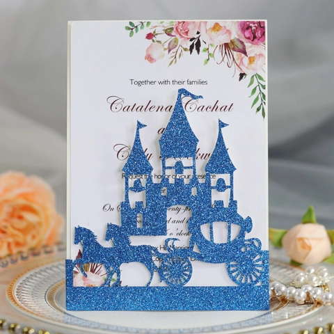 Inviti di Matrimonio a Taglio Laser Castello e Carrozza Glitter Carta Perlata Biglietti d'Auguri per Cerimonia Fidanzamento Festa