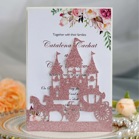 Inviti di Matrimonio a Taglio Laser Castello e Carrozza Glitter Carta Perlata Biglietti d'Auguri per Cerimonia Fidanzamento Festa