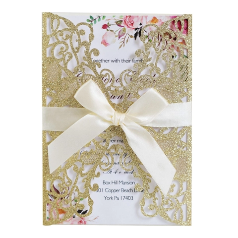 European Style Glitter Laser Cut Wedding Invitations With Hollow Lace Design Ribbon Bow Inner Card And Envelope For Party
