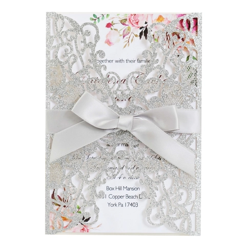 European Style Glitter Laser Cut Wedding Invitations With Hollow Lace Design Ribbon Bow Inner Card And Envelope For Party