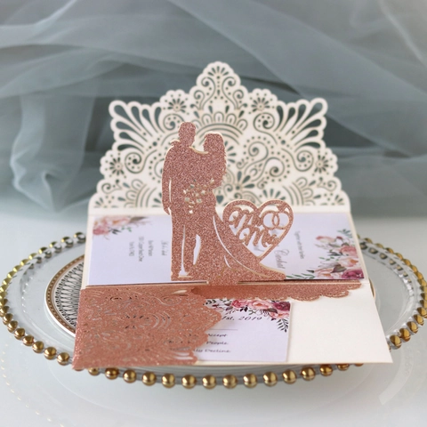 3D Pop Up Wedding Invitations Laser Cut Glitter Hollow Greeting Cards With Envelopes Mr And Mrs Heart Design For Marriage Party