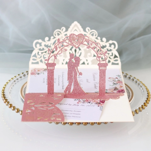 Biglietti d'Invito Per Matrimonio Pop-up 3D Tagliati Al Laser Biglietti d'Auguri Glitterati Con Buste Per Festa Di Fidanzamento Matrimonio