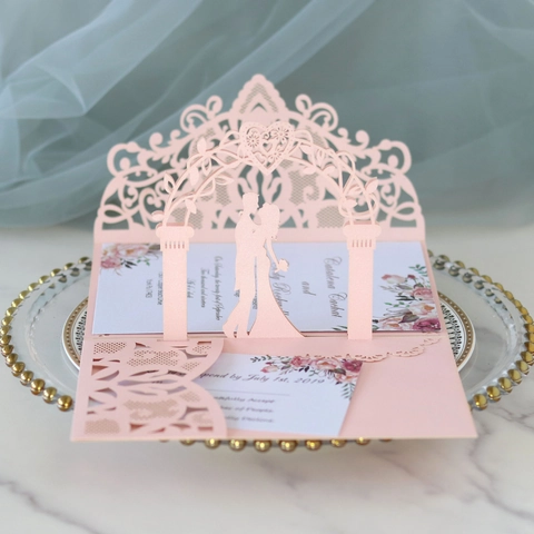 Inviti di Nozze 3D Pop Up Tagliati al Laser Con Buste Carta Perlata Biglietti d'Auguri Floreali Traforati Per Festa di Nozze