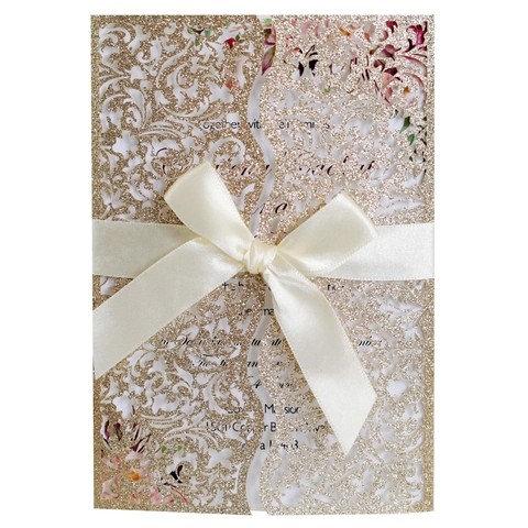 Inviti di Nozze Floreali Intagliati a Laser Carta Luccicante Fiocco in Satin per Fidanzamento Matrimonio Festa Biglietti