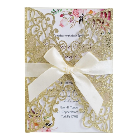 Elegant Laser Cut Wedding Invitation Card With Glitter Paper Hollow Design Floral Inner Sheet Satin Ribbon Envelope
