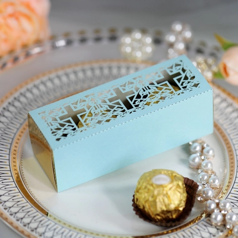 Scatola per Caramelle Intagliata al Laser Croce Scatola Regalo per Cioccolatini in Carta Perlata per Matrimonio Battesimo Comunione