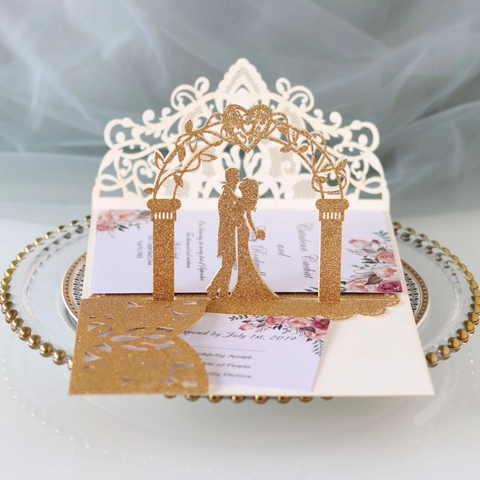 Biglietti d'Invito Per Matrimonio Pop-up 3D Tagliati Al Laser Biglietti d'Auguri Glitterati Con Buste Per Festa Di Fidanzamento Matrimonio