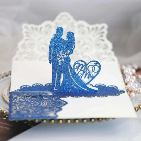 Laser Cut 3D Pop Up Wedding Invitation Card Glitter Heart Mr Mrs Bride Groom Silhouette Greeting Card With Envelope Inner Sheet