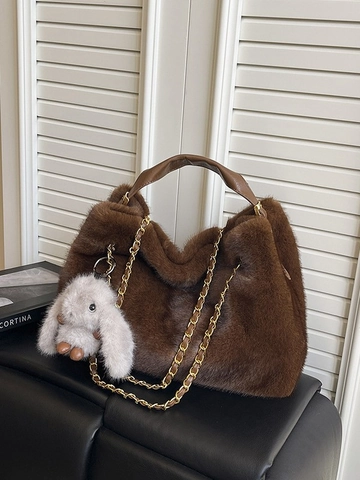 Women Faux Fur Tote Bag Plush Large Capacity Shoulder Bag With Chain Strap Rabbit Charm Winter Versatile Fashion Handbag