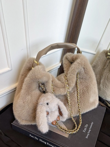 Women Faux Fur Tote Bag Plush Large Capacity Shoulder Bag With Chain Strap Rabbit Charm Winter Versatile Fashion Handbag