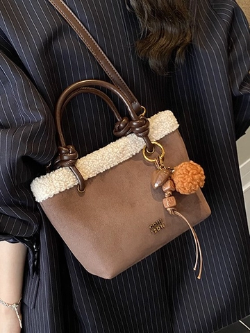 Women Retro Bucket Bag PU Leather Artificial Wool Splicing Fashion Shoulder Crossbody Handbag With Pendant Autumn Winter