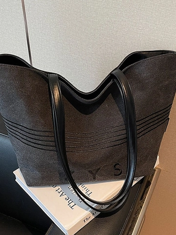 Large Capacity Canvas Tote Bag For Women Minimalist Striped Shoulder Bag Commuter Shopping Bag With Letter Print Casual Handbag