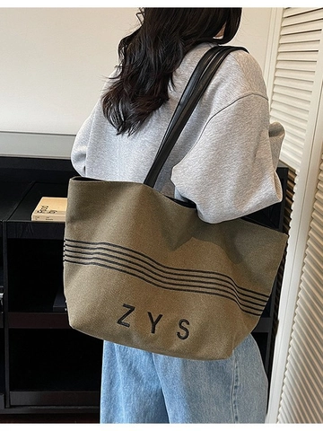Large Capacity Canvas Tote Bag For Women Minimalist Striped Shoulder Bag Commuter Shopping Bag With Letter Print Casual Handbag