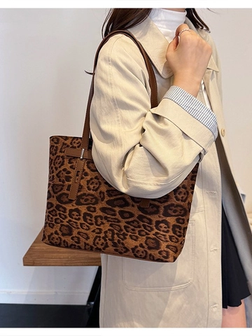 Women Large Capacity Leopard Suede Tote Bag Vintage Matte Shoulder Bag Versatile Student Handbag Daily Travel Commuter Purse