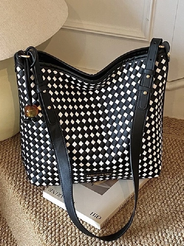Bolso de Hombro de Cuero PU Tejido para Mujer Gran Capacidad Patrón de Damero Bolso Tote Moda Casual Bolso Trenzado para Viaje Diario