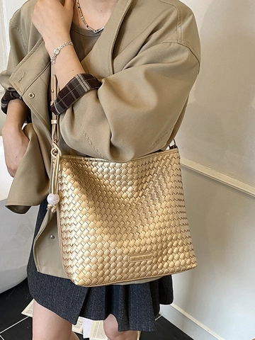 Bolso de Hombro de Cuero PU Tejido para Mujer Gran Capacidad Patrón de Damero Bolso Tote Moda Casual Bolso Trenzado para Viaje Diario