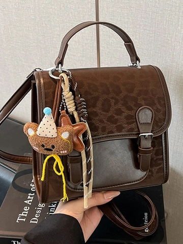 Vintage Leopard Print Women Backpack PU Leather Streetwear Fashion Schoolbag Travel Shoulder Bag With Cute Bear Charm