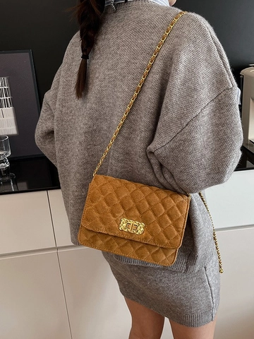 Women Quilted Diamond Lattice Chain Crossbody Bag Vintage PU Leather Shoulder Bag With Gold Hardware Small Square Bag