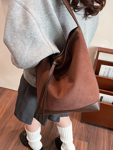 Sac Seau Femme en Cuir PU et Suède Grande Capacité Patchwork Tote Sac à Épaule Minimaliste Décontracté Main