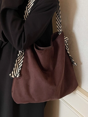 Vintage Suede Texture PU Leather Large Tote Bag For Women Fashion Braided Strap Shoulder Bag Commuter Solid Color Handbag