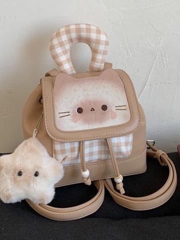 Schattige Cartoon Kat Mini Rugzak Voor Vrouwen PU Leer Ruit Patchwork Kleine Reisrugzak Met Ster Pluche Hanger