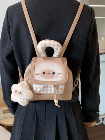 Schattige Cartoon Kat Mini Rugzak Voor Vrouwen PU Leer Ruit Patchwork Kleine Reisrugzak Met Ster Pluche Hanger
