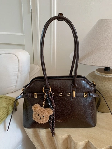 Vintage PU Leather Underarm Bag For Women Minimalist Sophisticated Shoulder Tote Bag With Plush Bear Charm Retro Daily Fashion Handbag