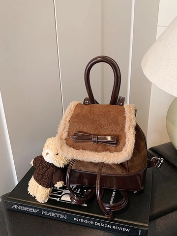 Damen Mini PU Leder Rucksack Mit Plüschbesatz Schleife Design Retro Koreanischen Stil Student Schule Schultertasche Bär Anhänger