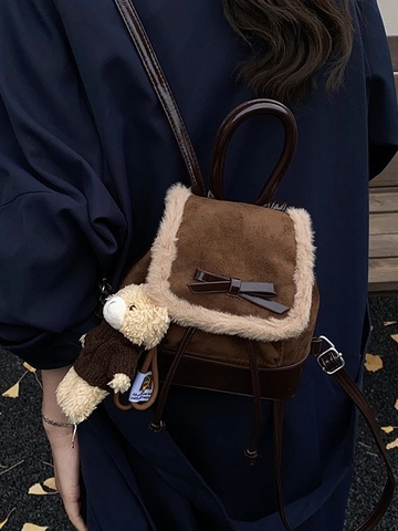 Damen Mini PU Leder Rucksack Mit Plüschbesatz Schleife Design Retro Koreanischen Stil Student Schule Schultertasche Bär Anhänger