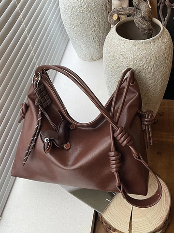 Retro Einfarbig PU Leder Große Kapazität Umhängetasche Mit Knotenband Und Süßem Hund Charm Für Damen Täglich Lässig Handtasche