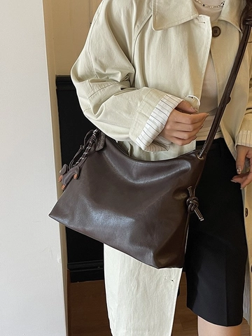 Retro Einfarbig PU Leder Große Kapazität Umhängetasche Mit Knotenband Und Süßem Hund Charm Für Damen Täglich Lässig Handtasche