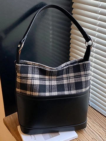 Sac Seau en Cuir PU à Épissage à Carreaux Grande Capacité pour Femmes Design de Niche Mode Automne Rétro Sac à Main