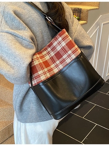 Sac Seau en Cuir PU à Épissage à Carreaux Grande Capacité pour Femmes Design de Niche Mode Automne Rétro Sac à Main